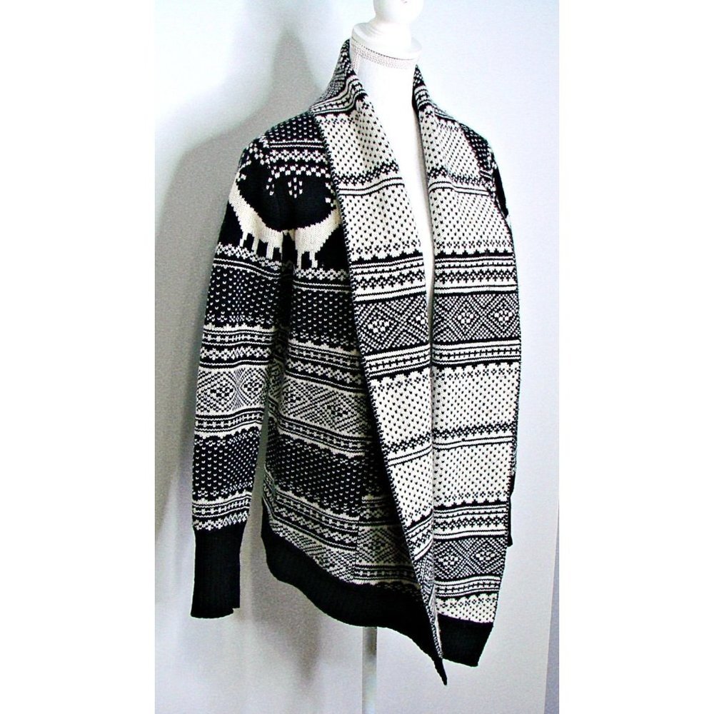 CAMBRIDGE Dry Goods LambsWool Cardigan Open Front Sweater Reindeer Black White M